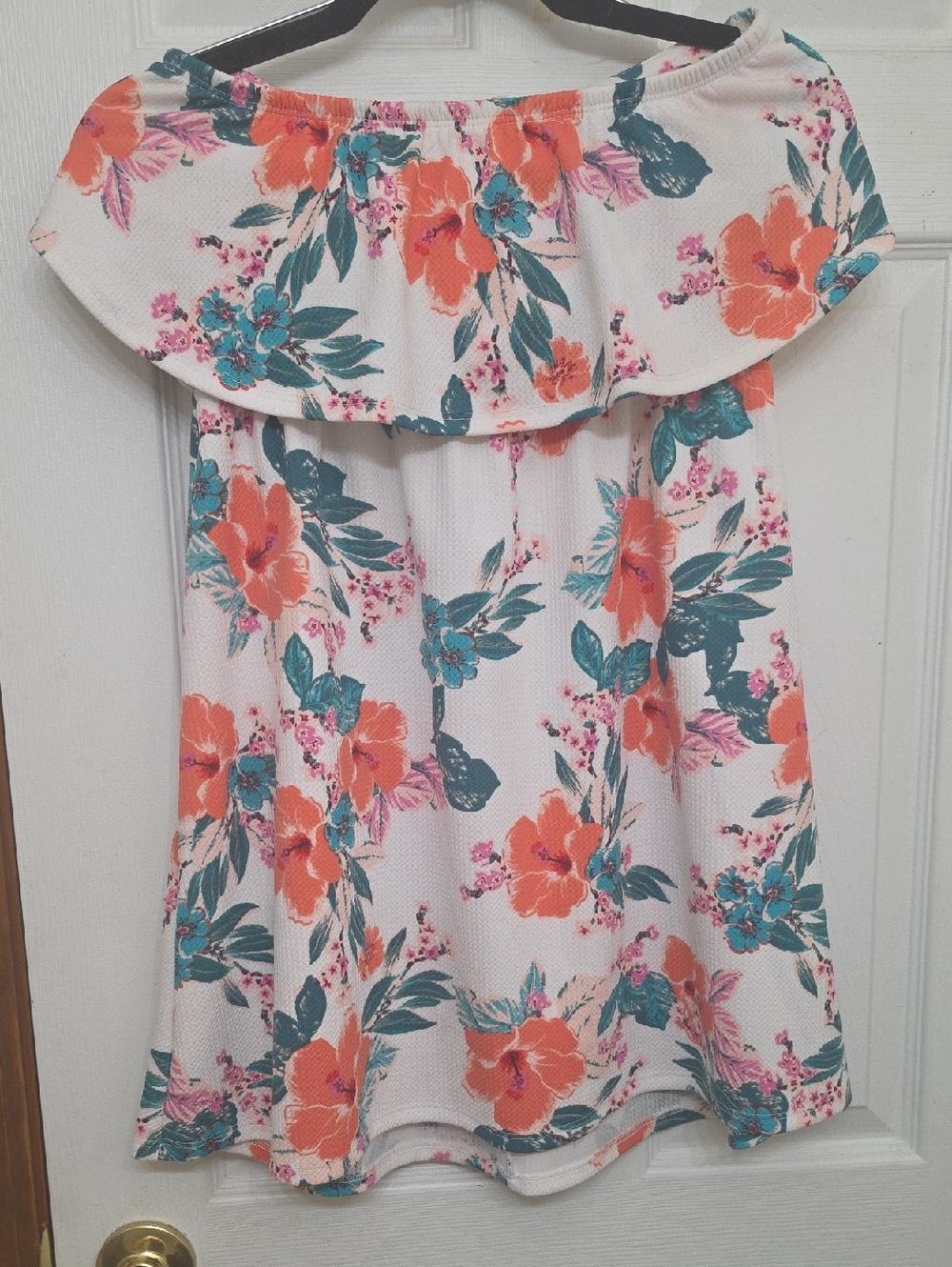 Charlotte Russe White Floral Strapless Dress with Coral & Teal Flowers